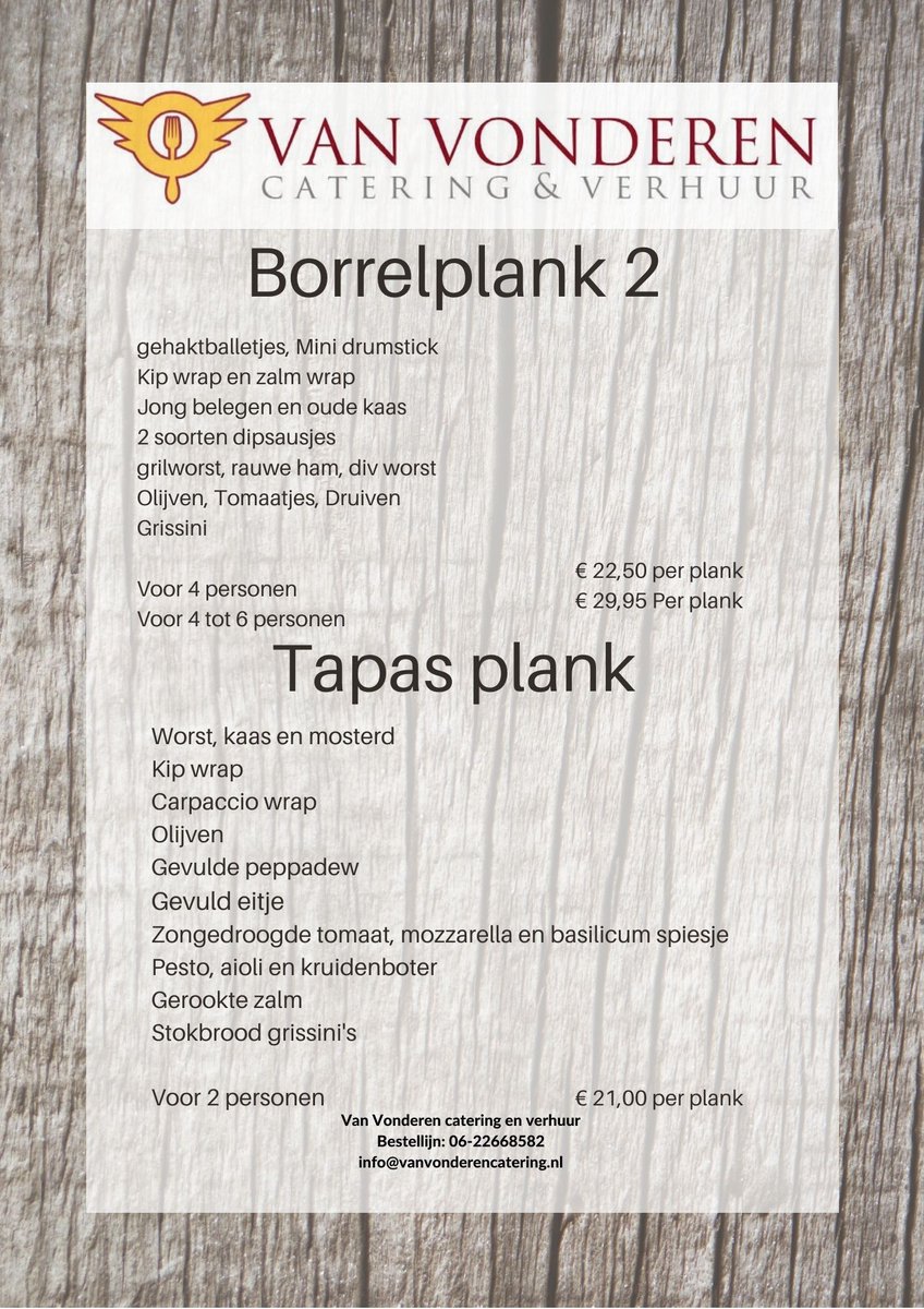 Ons borrelplank assortiment is uitgebreid.
Vanaf nu is het ook mogelijk om er warme gerechten er bij te bestellen.
Deze kunt u zelf makkelijk warm maken in de oven.

Bestel gemakkelijk via:
info@vanvonderencatering.nl 
06-22668582