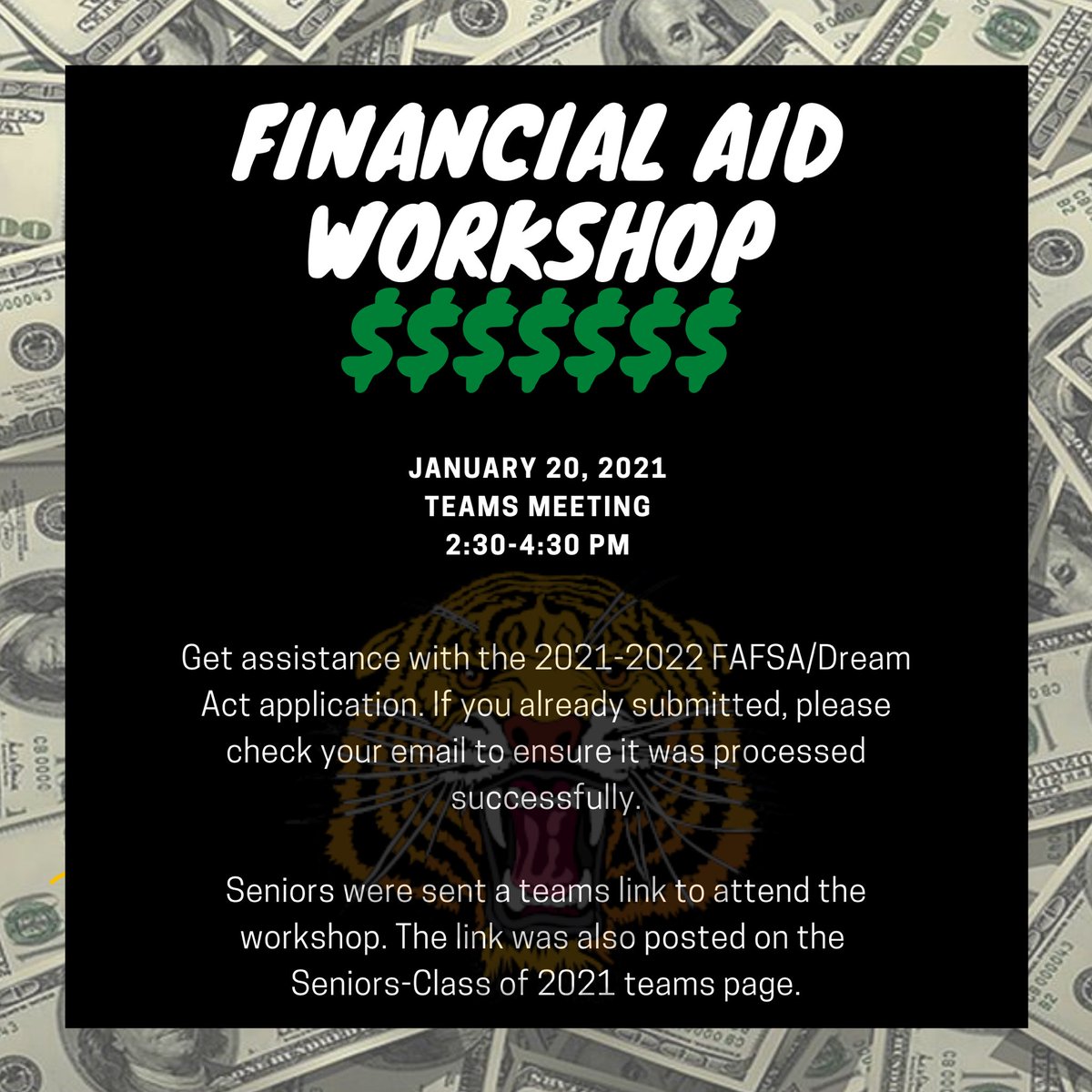 Our first Financial Aid Workshop of the semester will take place tomorrow afternoon! Seniors, check your email or the Seniors- Class of 2021 team for the link to join.