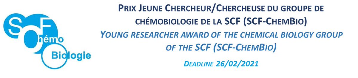 Le groupe de Chémobiologie récompense un jeune chercheur ou une jeunes chercheuses en 2021! Date limite pour candidater le 26 février, n'hésitez pas à postuler ou a diffuser l'information! Plus de détails ici : societechimiquedefrance.fr/Prix-Jeunes-Ch… @reseauSCF <a href="/DCO_SCF/">Organic Chemistry Division from the SCF</a>  #chembio