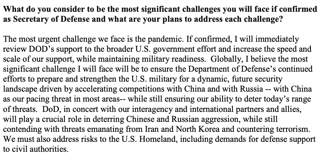 2/ SecDef nominee Lloyd Austin on advance policy Qs"Globally...most significant challenge I will face will be to ensure DOD's contd efforts to prepare & strengthen the US military for a dynamic, future security landscape driven by accelerating competitions w China & w Russia.."