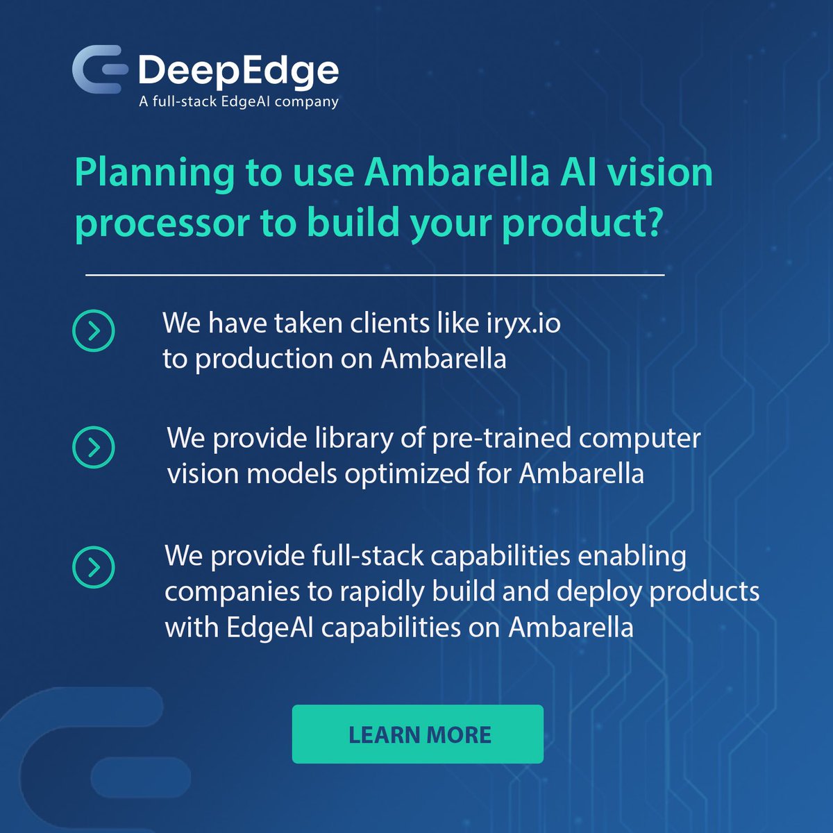 DeepEdgeAI's tweet image. Planning to use Ambarella AI Vision Processor? @DeepEdgeAI  has successfully taken clients to production on Ambarella. Learn how DeepEdge can support your next EdgeAI product on Ambarella
lnkd.in/g56vefS

#EdgeAI #computervision #DeepLearning #deepedgeai #MachineLearning