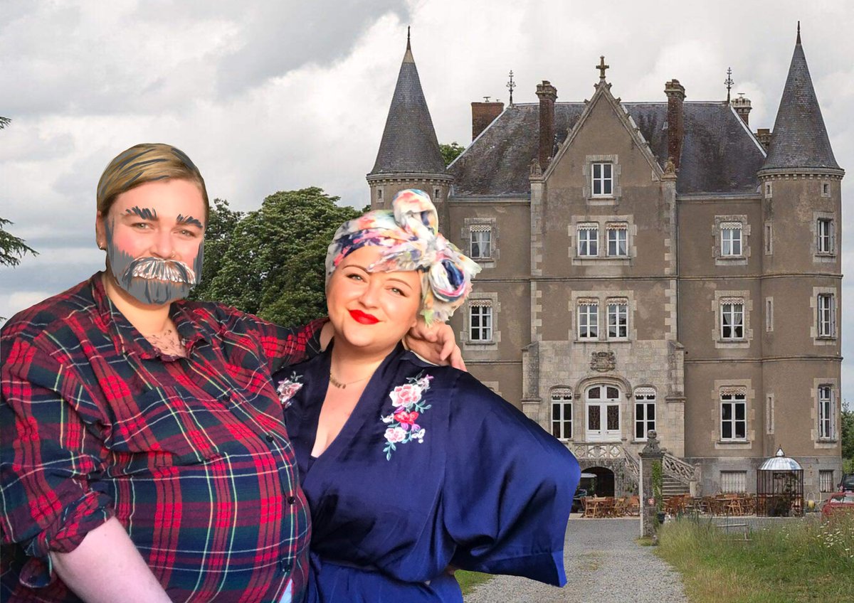sharpdanie's tweet image. Hello @dickstrawbridge &amp;amp; @ChateauHusson ! My housemate Harriet is a huge fan so we dressed up as you two one rainy afternoon... (lockdown, hey). We fully committed, hope you love it! 
X