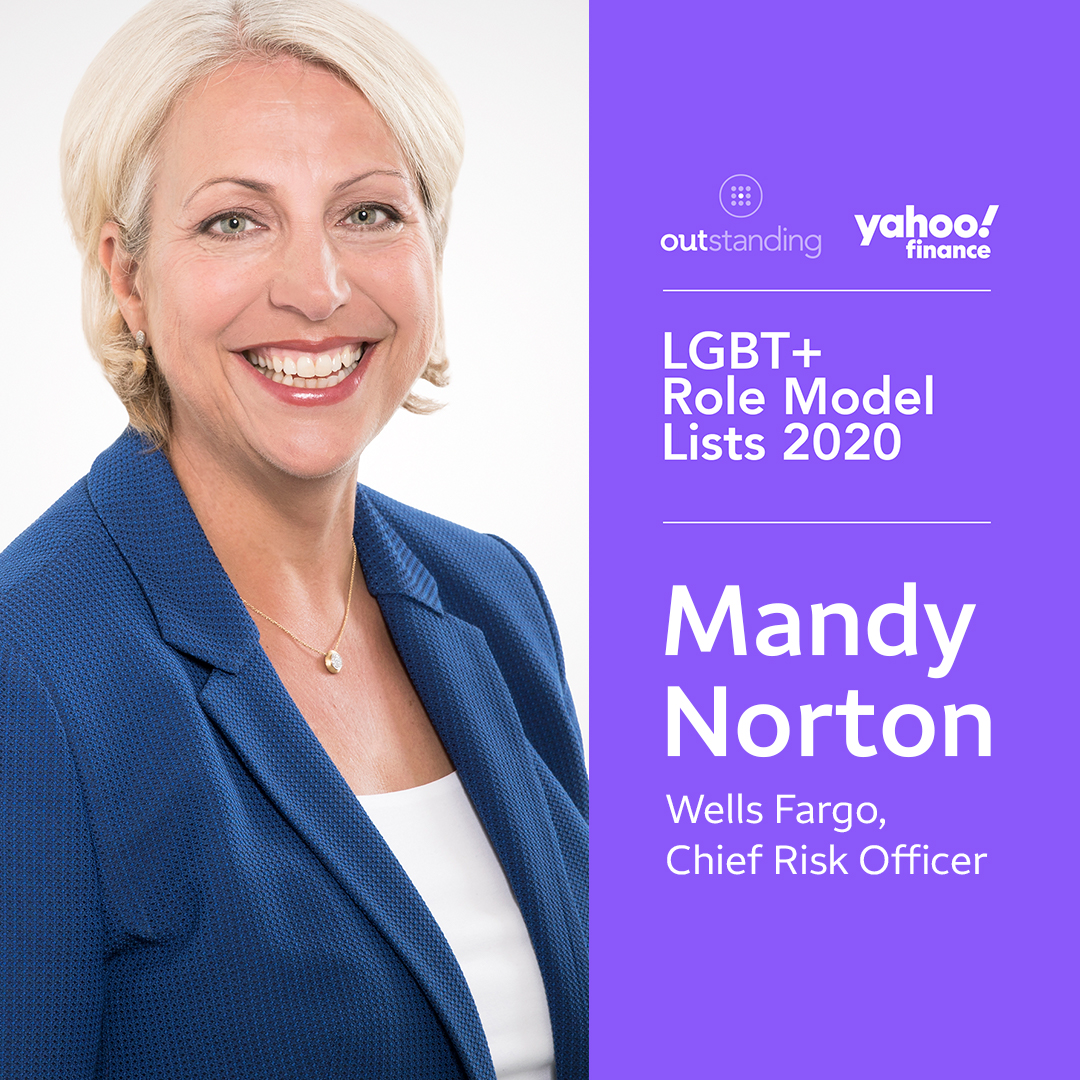 WellsFargo's tweet photo. We’re proud to announce that our Chief Risk Officer Mandy Norton has been named to the @OUTstandingiB 100 LGBT+ Executives List 2020 supported by @YahooFinance , and we celebrate all the honorees who are driving LGBTQ equality in business. #OUTRoleModels20