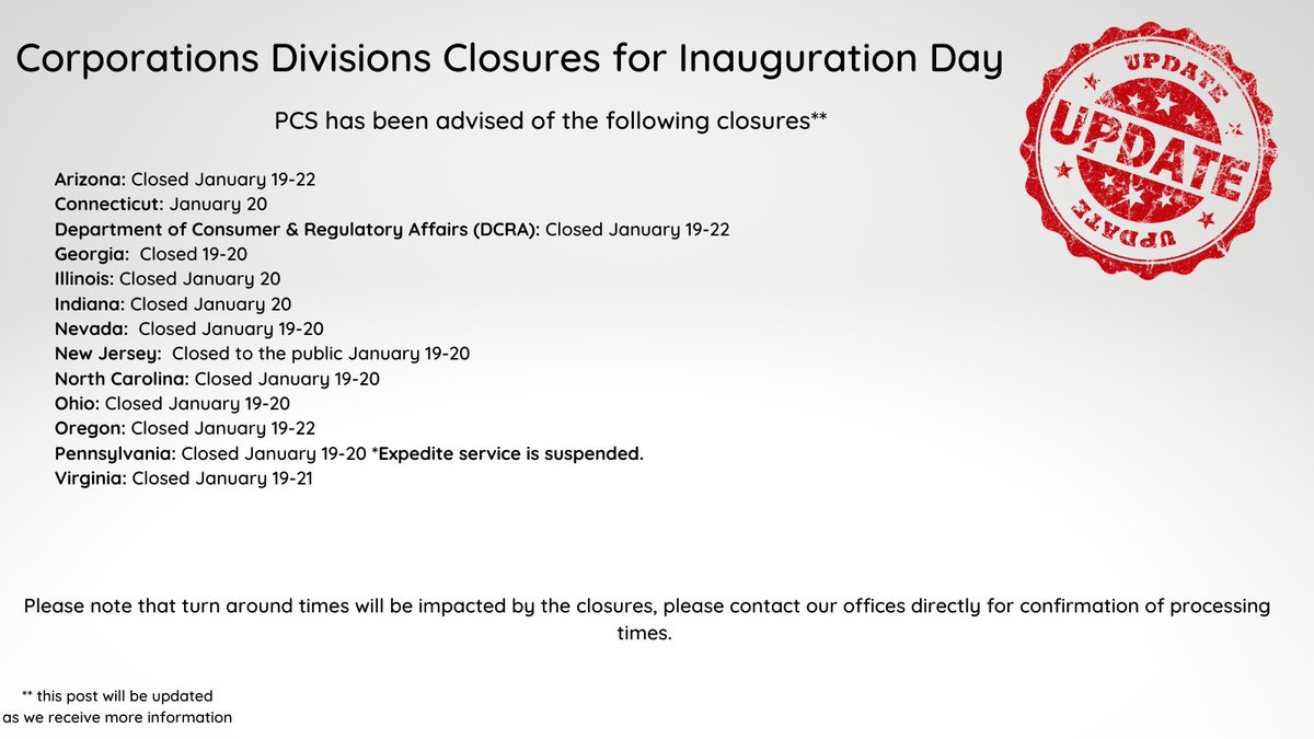 Updated information regarding Corporations Divisions Closures for Inauguration Day. This post to be updated as we receive more information. As always - please reach out to us if you have any questions! 

tinyurl.com/y3nuqhej