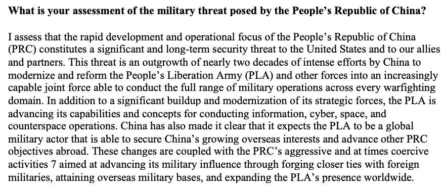 4/ SecDef nominee Austin in written answers on his assessment of the military threat posed by China...