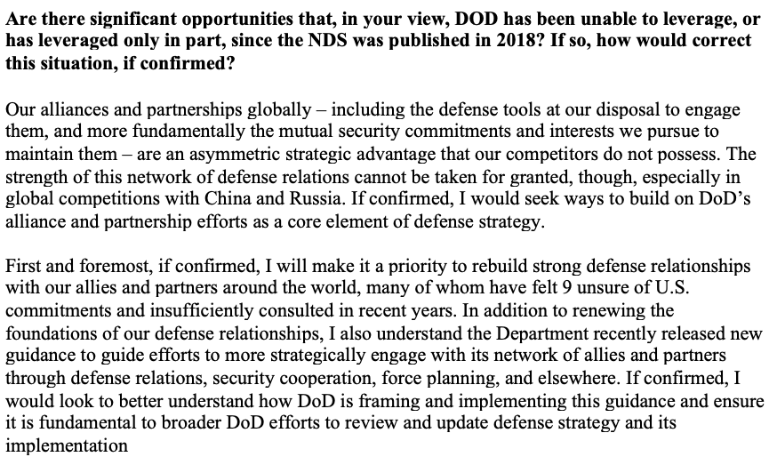 6/ SecDef nominee Austin in APQs emphasizes "strength of this network of defense relations" w/ allies & partners as crucial "especially in global competitions with China and Russia"