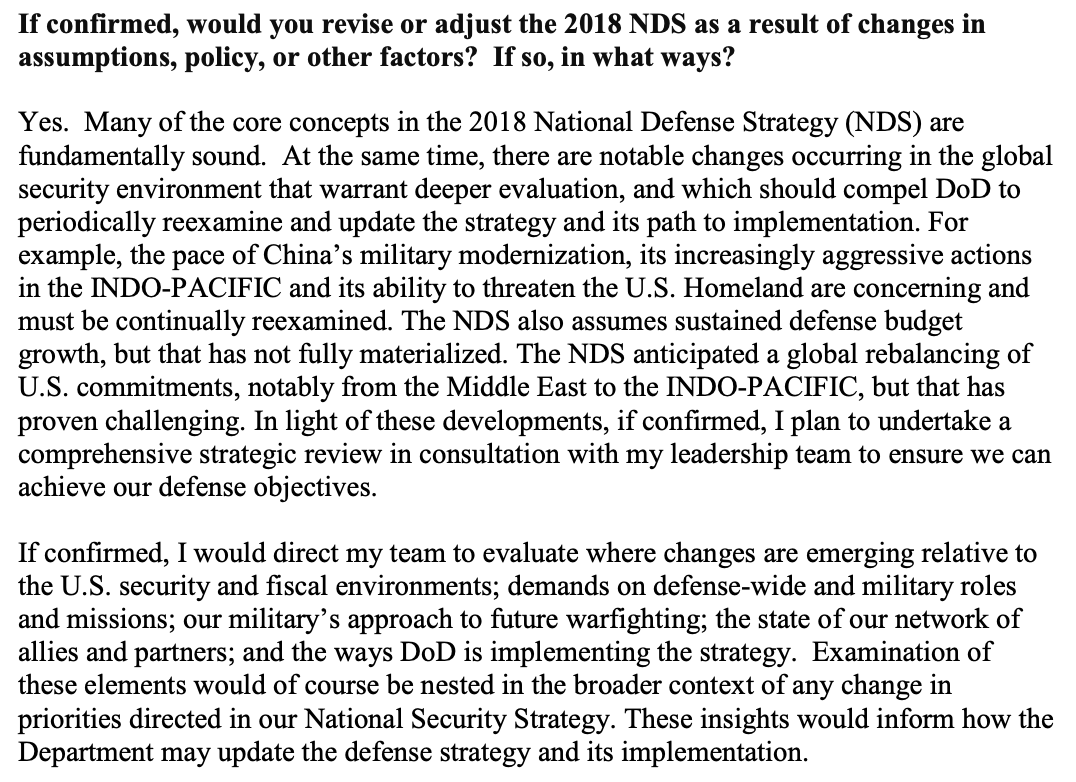 5/ SecDef nominee Austin on whether the NDS needs to be revised notes: "For example, the pace of China’s military modernization, its increasingly aggressive actions in the INDO-PACIFIC and its ability to threaten the US Homeland are concerning and must be continually reexamined"