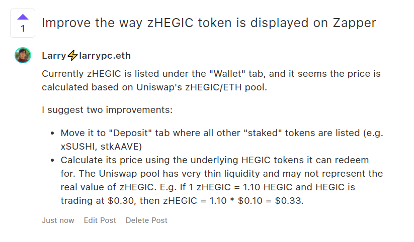 .<a href="/zLOTFinance/">zLOT</a> users, please help me vote for this proposal on improving how $zHEGIC token is displayed on <a href="/zapper_fi/">Zapper ⚡️</a> 

features.zapper.fi/token-protocol…