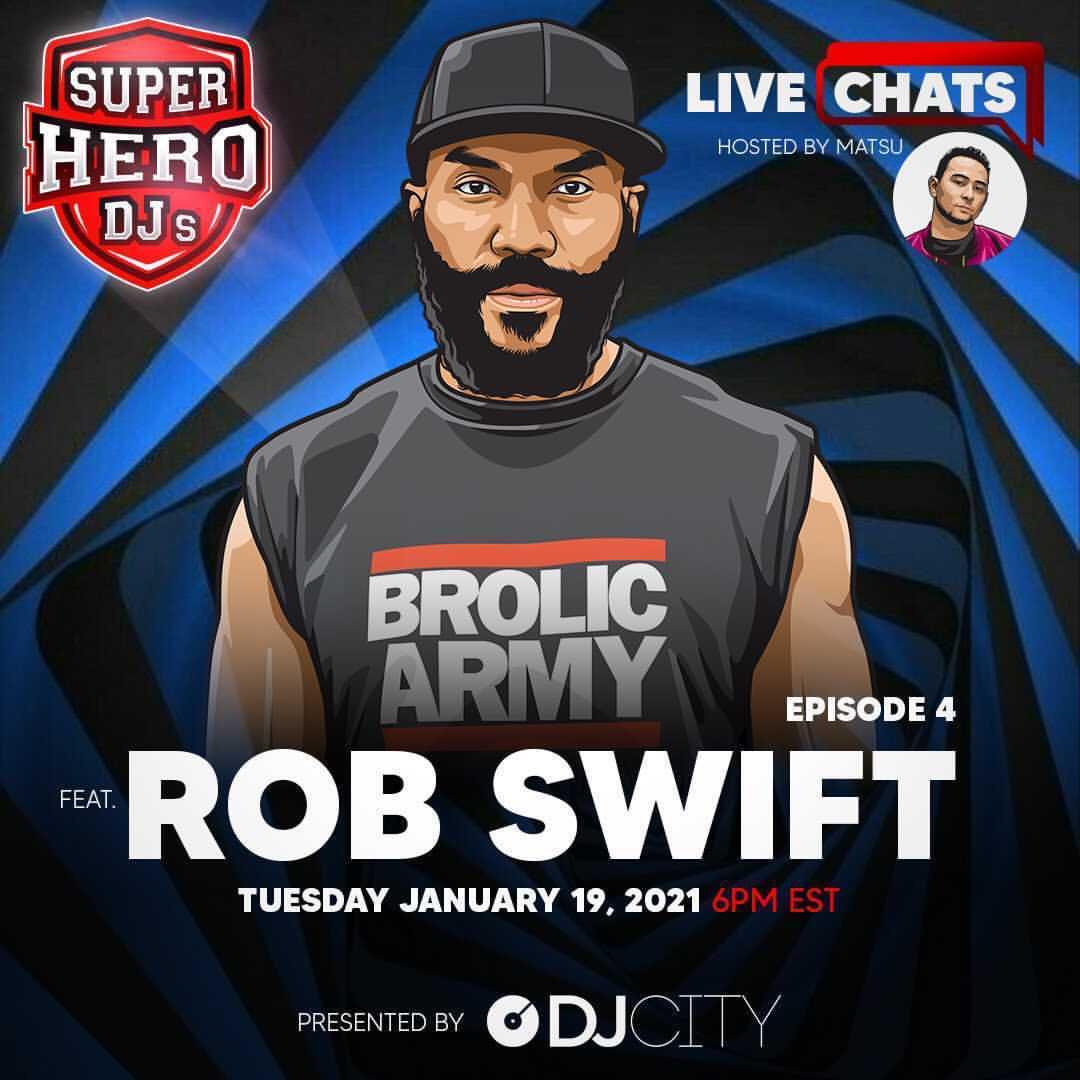 DJcity's tweet photo. Join our friends #SuperHeroDJs today at 6pm EST on their @instagram live (@superhero_djs) for the fourth installment of #LiveChats. π @SLOWROASTRECS label manager and #DJcity team member @MatsuMusic will interview legendary turntablist @DJROBSWIFT.β£ πͺ https://t.co/DH8iUGgu1T