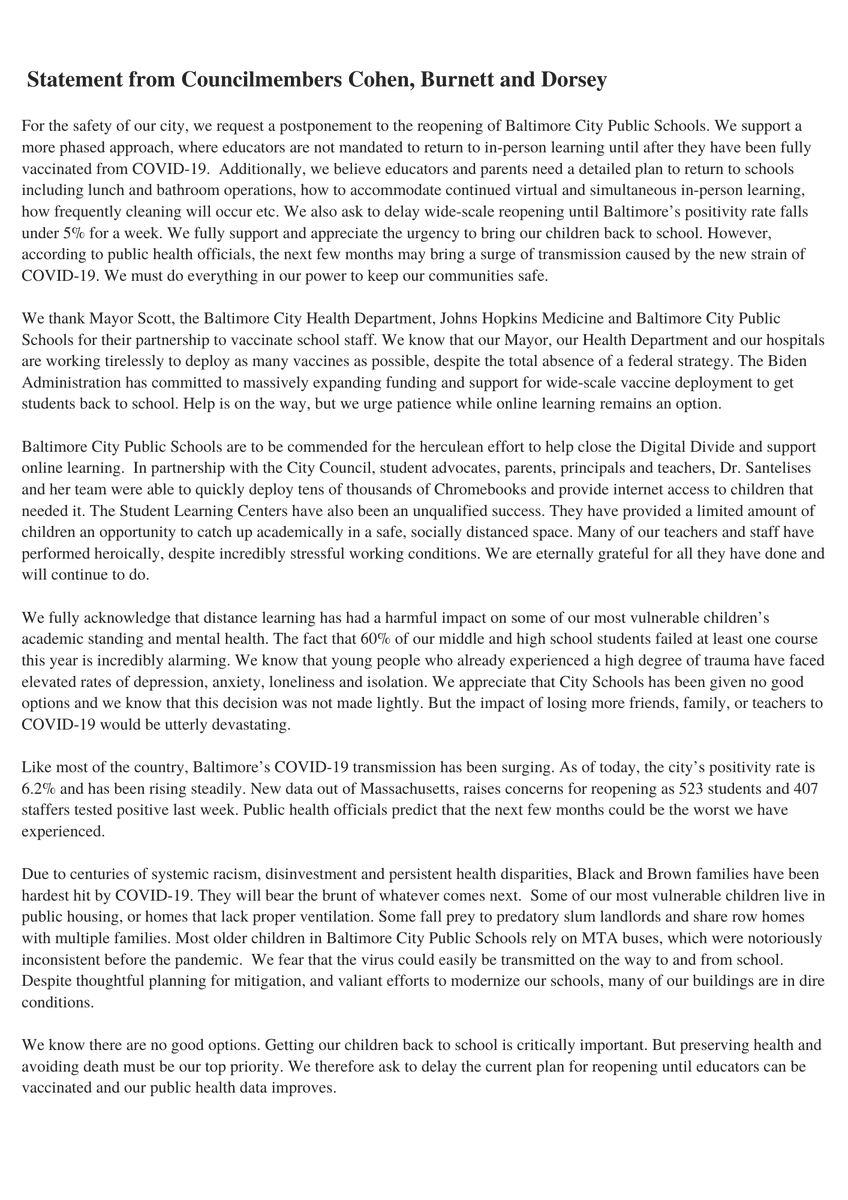 Zeke_Cohen's tweet photo. We know there are no good options. Getting our children back to school is critically important. 

But preserving health &amp; avoiding death must be our top priority. We ask to delay the current plan for reopening until educators can be vaccinated and a detailed plan can be provided. https://t.co/1ZKUrYr36o