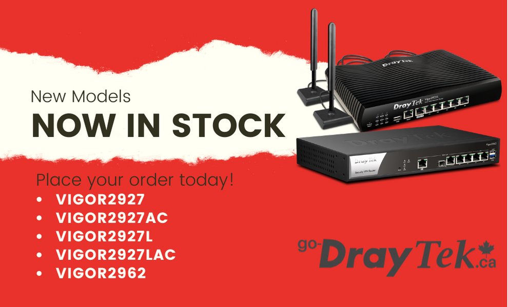 DraytekNetCda's tweet image. 🚚Ready to ship📦Now in-stock in Canada are the popular DrayTek routers:
🌐VIGOR2927
🌐VIGOR2927ac
🌐VIGOR2927L 
🌐VIGOR2927Lac
🌐VIGOR2962
Contact your favourite Canadian DrayTek  Re-seller to order today!
go-draytek.ca/canadian-drayt…