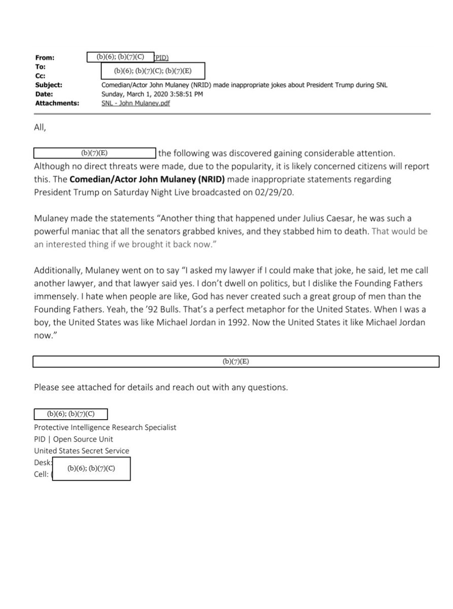 JasonLeopold's tweet image. NEW: Remember when comedian John Mulaney said last year Secret Service investigated him b/c of a joke he made during his SNL monologue abt Julius Ceaser being stabbed?

Well, I filed a #FOIA w/Secret Service &amp;amp; they just gave me 27 pgs. Agency stopped short of investigating him.