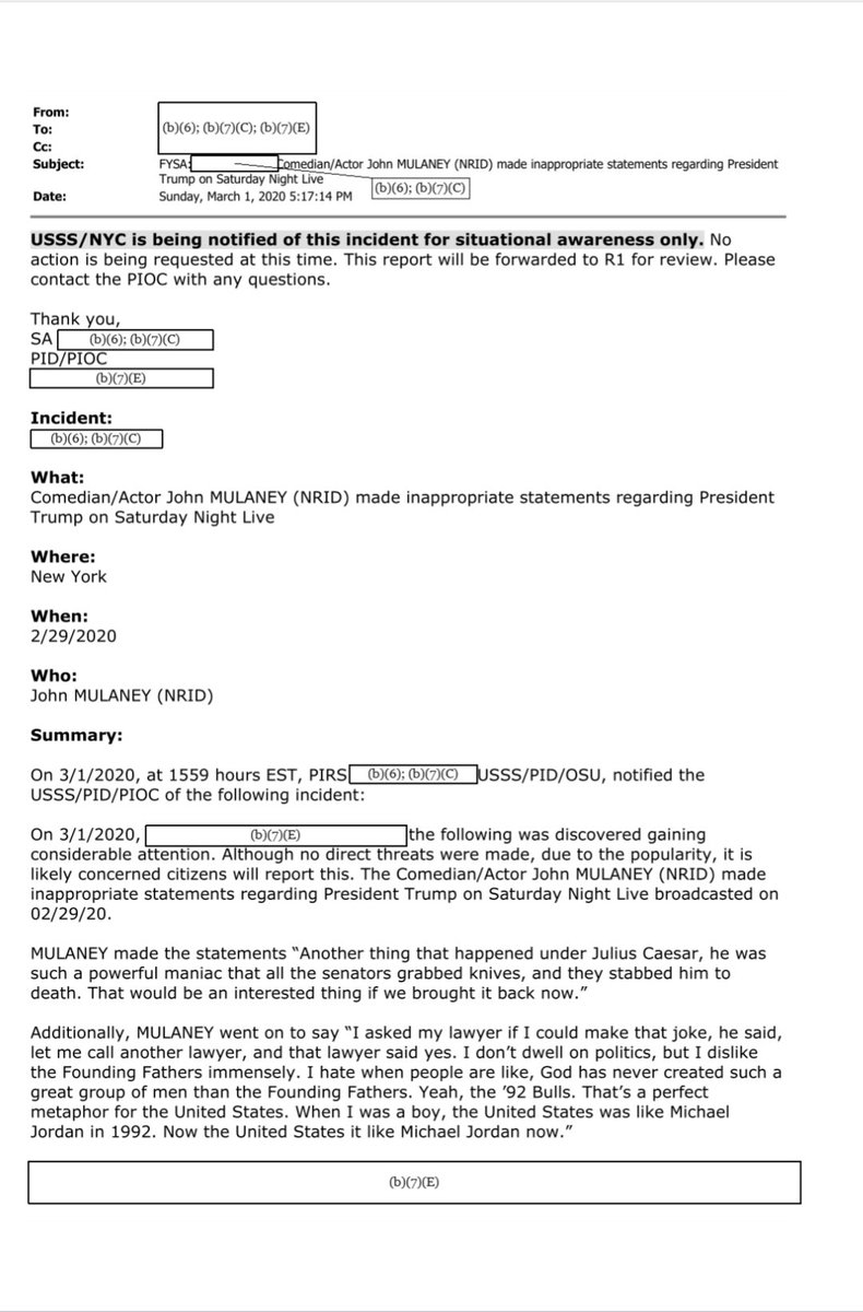 JasonLeopold's tweet image. NEW: Remember when comedian John Mulaney said last year Secret Service investigated him b/c of a joke he made during his SNL monologue abt Julius Ceaser being stabbed?

Well, I filed a #FOIA w/Secret Service &amp;amp; they just gave me 27 pgs. Agency stopped short of investigating him.