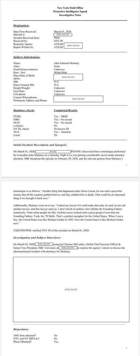 JasonLeopold's tweet image. NEW: Remember when comedian John Mulaney said last year Secret Service investigated him b/c of a joke he made during his SNL monologue abt Julius Ceaser being stabbed?

Well, I filed a #FOIA w/Secret Service &amp;amp; they just gave me 27 pgs. Agency stopped short of investigating him.