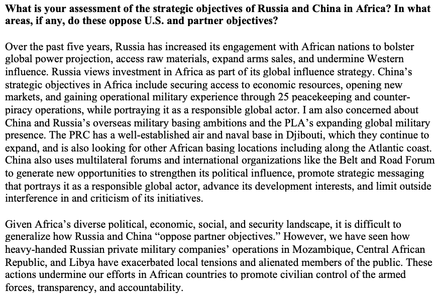 9/ SecDef nominee Austin in APQs re his assessment of Chinese & Russian goals in Africa. (among other things, notes concern re their overseas basing plans)