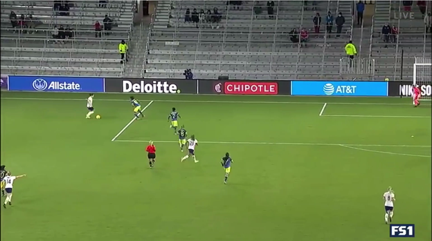 Because the defenders that had to guard Macario are so far behind the play, Lloyd can move either left or right to take the cross.