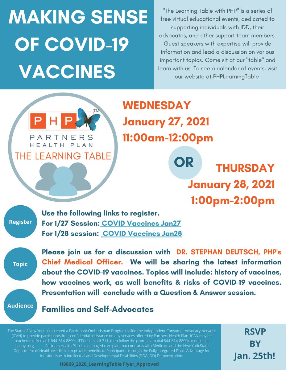 PHPCareComplete's tweet photo. Families & Self Advocates, JOIN US for an information session: "MAKING SENSE OF COVID-19 VACCINES" on either 1/27 or 1/28!
Register for 1/27: https://t.co/qO5w2TjwRA
Register for 1/28: https://t.co/97Q2qCir2R
#Vaccines #COVIDvaccines #PHPCares #developmentaldisabilities https://t.co/1quekojtUb