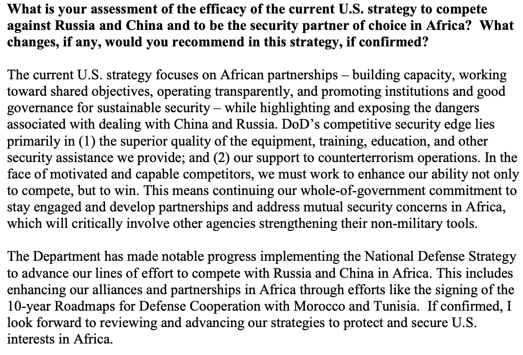 10/ SecDef nominee Austin in APQs re US strategy to compete vs China & Russia in Africa.Says must not just compete, but win. Reqs whole of govt effort & addressing mutual security concerns