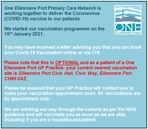 A update from @OnePcn regarding Coronavirus vaccinations: Please be assured that we will contact our patients directly to arrange an appointment at Ellesmere Port Civic Hall when they are due.