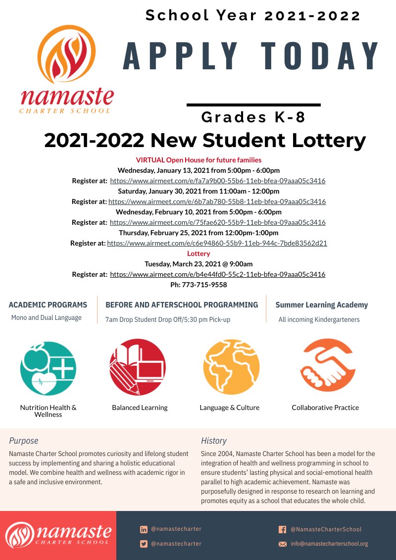 We are hosting our 2nd Open House on Saturday, January 30th, 11:00am - 12pm.  Learn more about our vision and purpose and how Namaste educates children from the inside out!  Visit namastecharterschool.org for more information and to register for this and upcoming open houses.