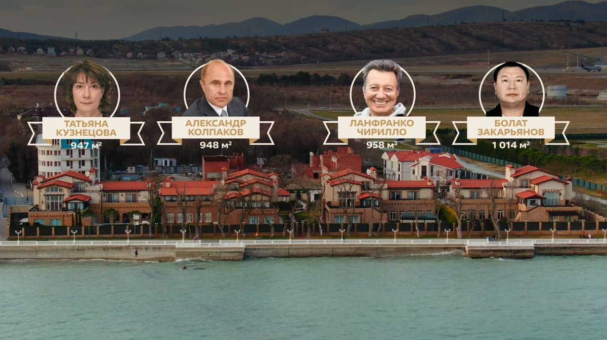 Those who aid Putin’s schemes reap the rewards. The Gelendzhik coastline includes these side-by-side homes registered to Kuznetsova, Kolpakova’s father-in-law, the palace’s architect Lanfranco Cirillo, and Zakaryanov’s son.