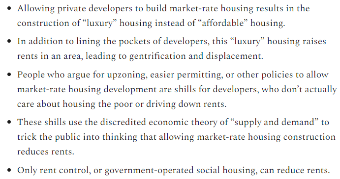 2/Left-NIMBYs have developed a canon of interlocking, mutually reinforcing beliefs about housing and urbanism.These beliefs are mostly false, but they form a powerful "canon" that quickly ossifies into a hardened worldview.It looks something like this: