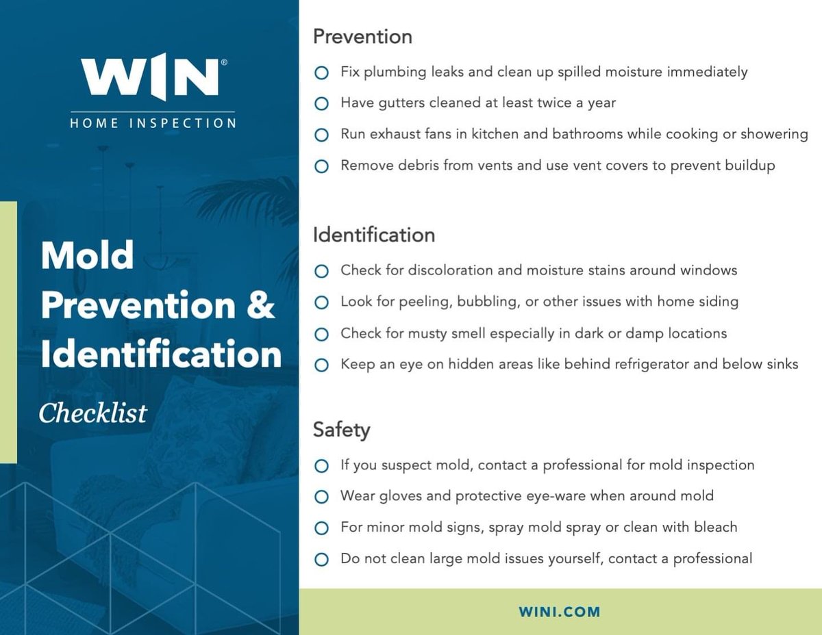 WIN_SanRamon's tweet photo. Mold can cause expensive structural damage and serious health issues, and can be found in more than 50% of the homes in America. Use this checklist to help reduce risk of mold in your home: https://t.co/16EkvdNxVf
#mold #homemaintenance #health #moldinspection #WINDreams https://t.co/kpqeXsmOvC