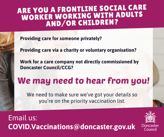 VolActDon's tweet photo. Important info for Carers and frontline Social Care Workers in Doncaster - make sure you're on the priority list for your COVID vaccination! https://t.co/L61YqyzgZc