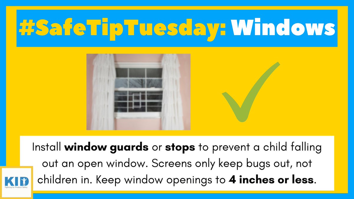 kidsindanger's tweet photo. Window #SafeTipTuesday! Install window guards or stops to prevent a child falling out an open window. Screens only keep bugs out, not children in. Keep window openings to 4 inches or less. https://t.co/kEJhEJhSi7