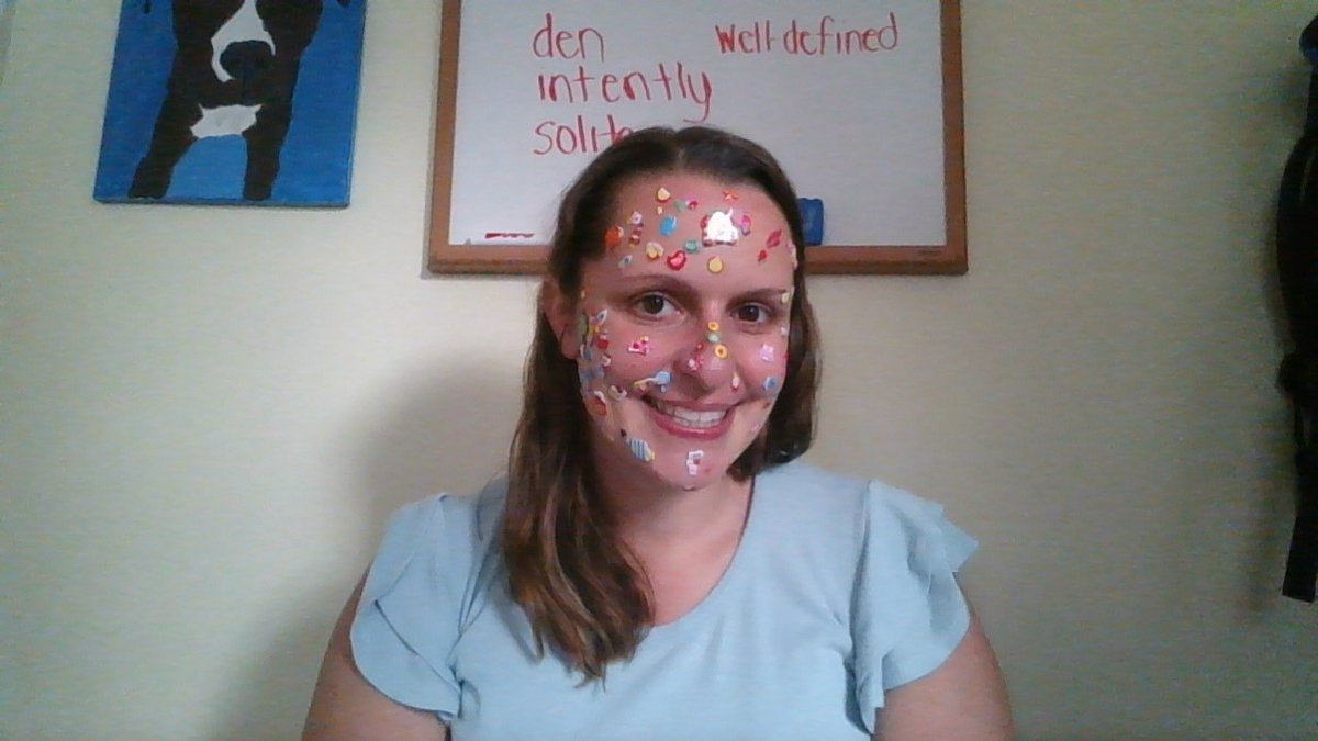 Each time my students participated, I put a sticker on my face. This is the result - loved all of the participation today! They never know what tricks I have up my sleeve! #virtuallearning #goodtogreat <a href="/ops_district/">Orange Public Schools</a>