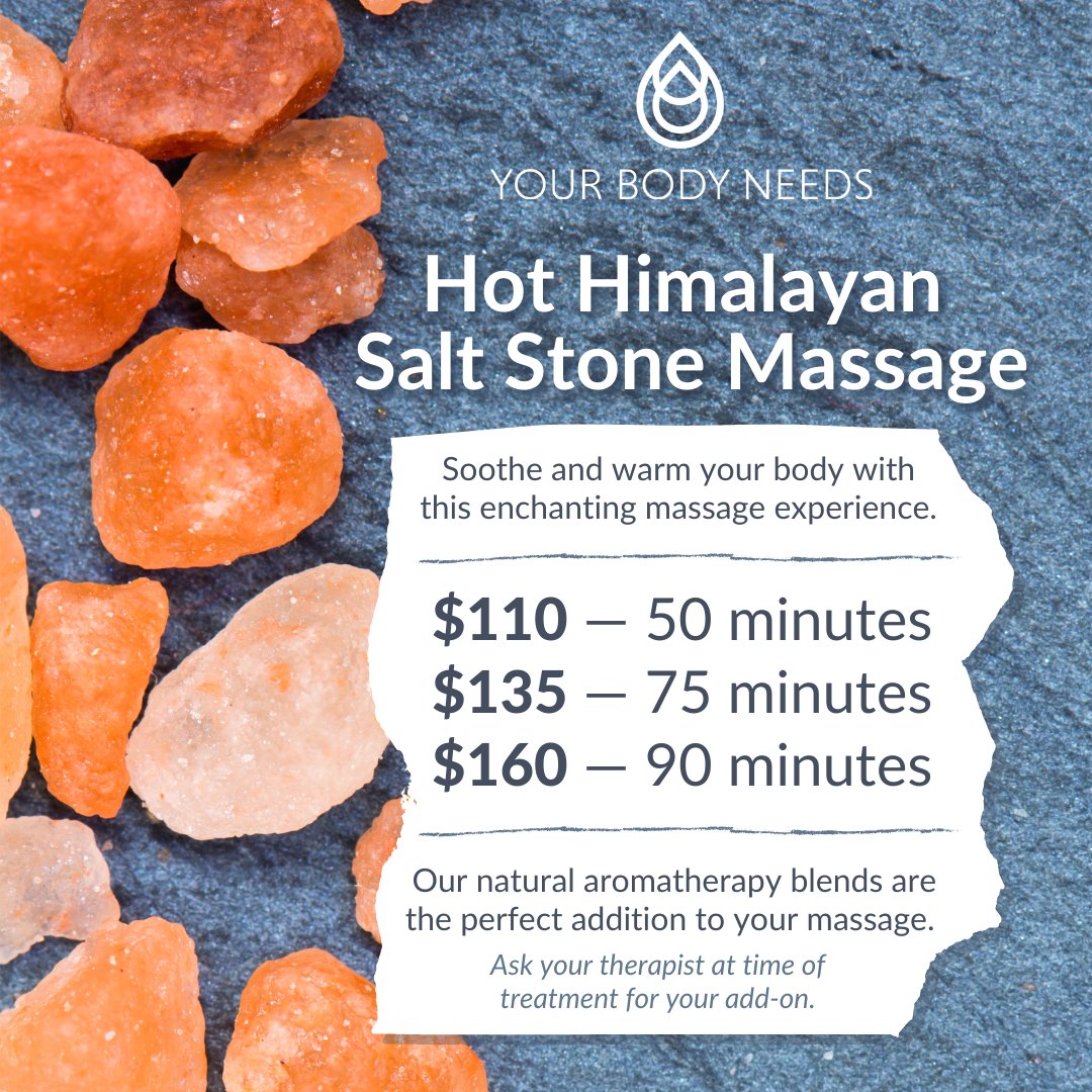 yourbodyneeds's tweet image. Soothe and warm your body this winter with 100% pure Himalayan Pink Salt Stones. When these stones are combined with heat and massage therapy, the effects can last for days. 

Book your Hot Himalayan massage today! bit.ly/YBNmassage

#massagetherapy #hotstonemassage