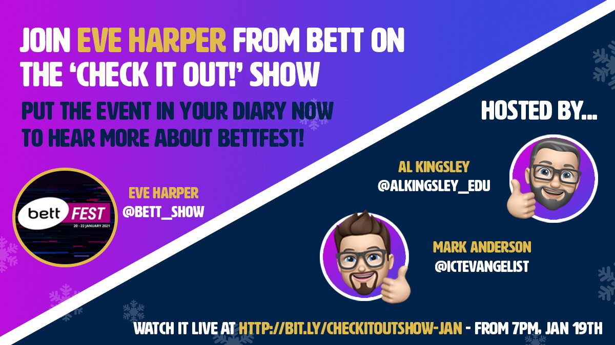 Bett_show's tweet photo. It's almost time! @EveHarper11, Bett Event Director joins @AlKingsley_Edu &amp; @ICTEvangelist on their #CheckItOutShow at 7pm TONIGHT!

Eve will be talking all about BettFest along with many other amazing #education #edtech solutions. 

Watch live here:  https://t.co/mRPyGwrn3J https://t.co/njs8Vhftr4
