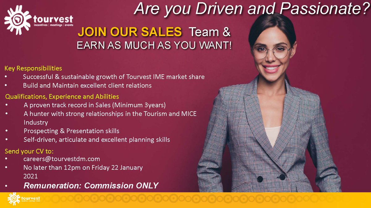 Want to join the Tourvest IME Sales Team?
Apply TODAY!
Submit your CV to careers@tourvestdm.com
#tourismstrong #eventsindustry #salesteam #TourvestIME