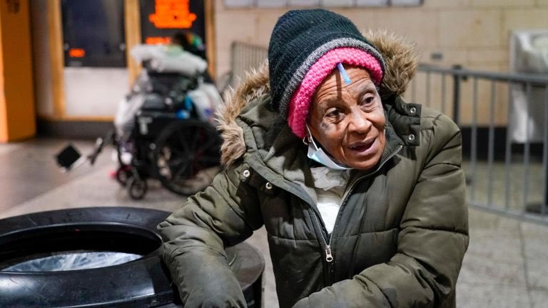 Here’s Theda Joy Reid, 80, who says she’d been evicted from her home and now stays at Penn when she can’t find a room to rent. Of Moynihan: “It’s beautiful and lovely. Couldn’t get better construction, work or design.” She hasn’t been inside but has heard about it.