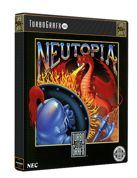 Box art of video game Neutopia, red dragon breathing fire on a knight protected by shield