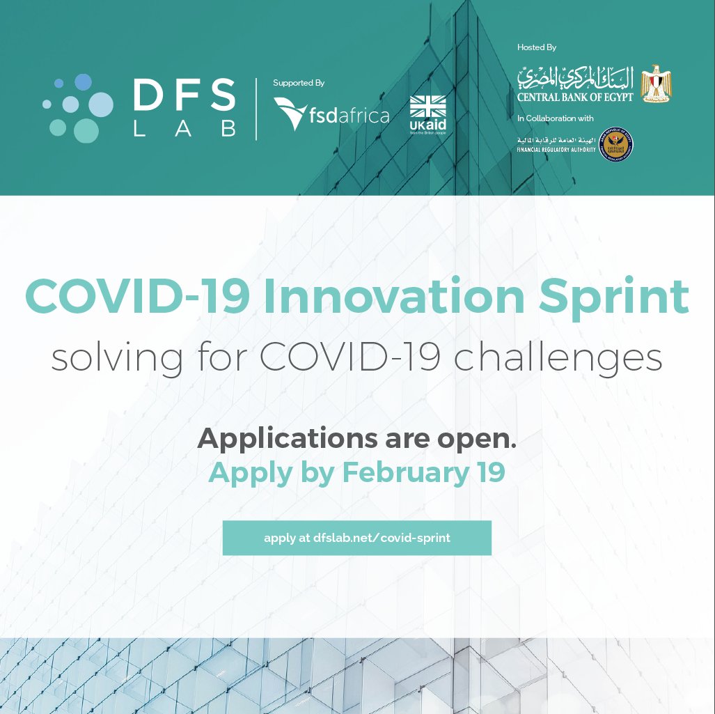 ✨Applications are open for our COVID-19 Innovation Sprint!✨The Central Bank of Egypt &amp; the Financial Regulatory Authority are calling for agile #fintech #startups with existing products that could be applied to help solve COVID-related challenges. Apply: dfslab.net/covid-sprint