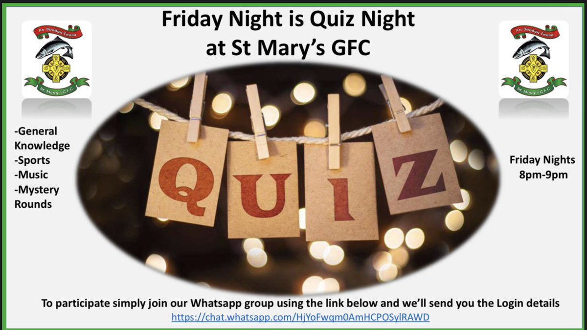 stmarysgfc's tweet photo. Friday Night is Quiz Night at St Mary’s GFC, this week’s host is @nickgogan91 
Simply click on the link below and join our Quiz WhatsApp group and we’ll post the login details...... it couldn’t be simpler

https://t.co/LzUJgCu7mj https://t.co/loD53TzRy6