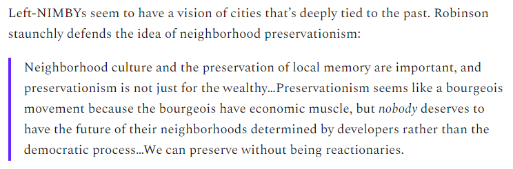 17/In fact, I think the conflict between YIMBYs and Left-NIMBYs is not fundamentally about evidence, or about public housing.It's about preservationism vs. growth and change. Left-NIMBYs want to stand athwart urban history, yelling Stop.