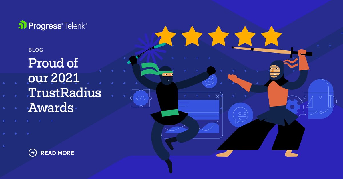 Telerik's tweet image. The reviews are in... and we are grateful, humbled, and happy! 🤗 Thank you for putting your trust in us! Proud that together with @KendoUI, we were awarded multiple awesome 2021 @trustradius awards. The full story: prgress.co/3itKAlj