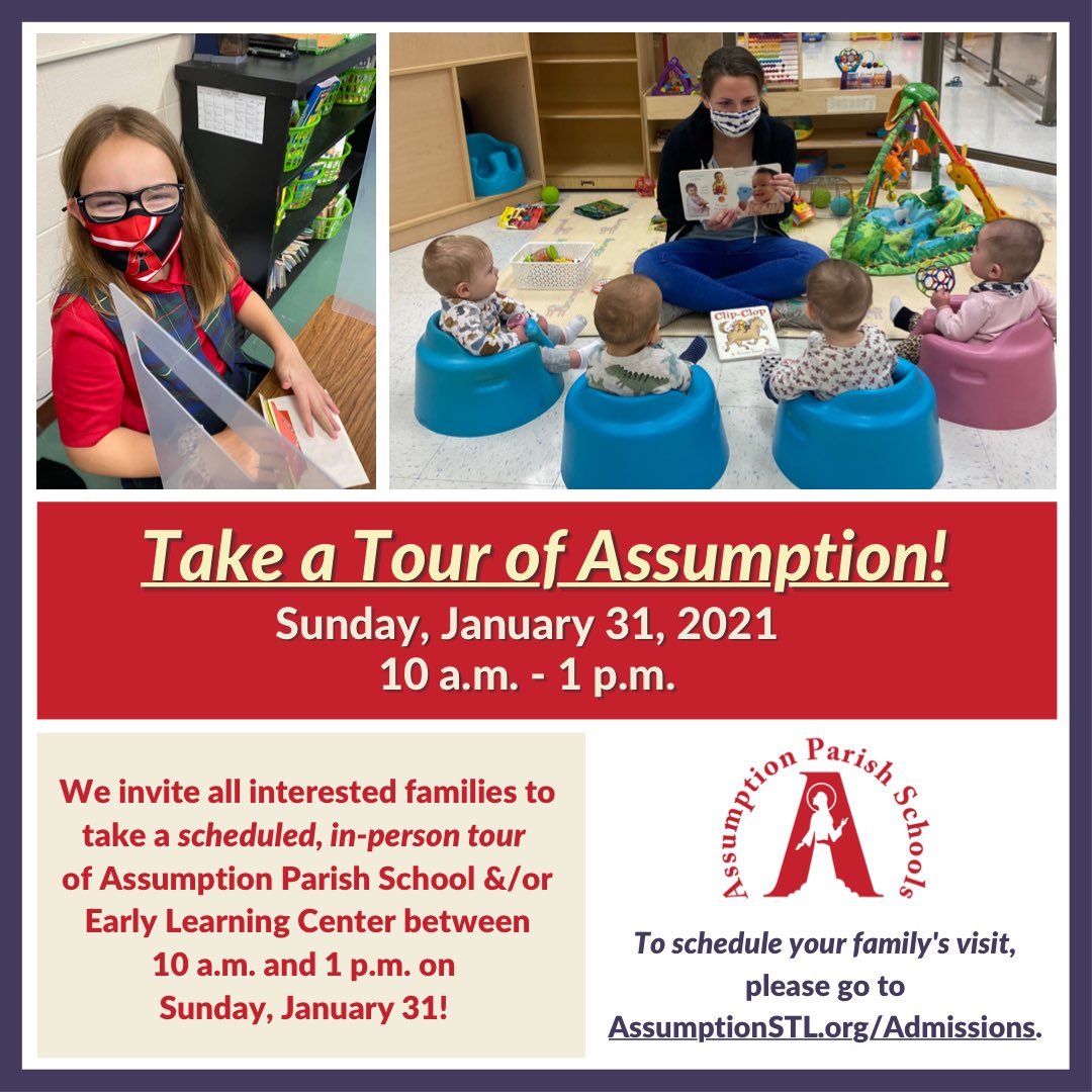 AssumptionPS's tweet photo. Want a quality, Catholic education for your children? Come up to campus on January 31st for a scheduled, in-person tour and learn more about our Early Learning Center (6 weeks - PreK) or Parish School (K-8)!
Go to https://t.co/Z7WiROhefu to schedule your tour today! https://t.co/auFmrzPtNp