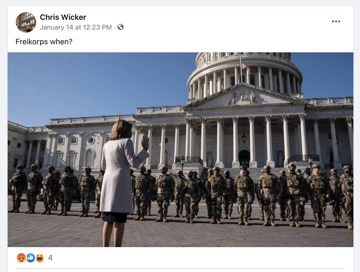 chris wicker not only posted quite a bit about doing a civil war for trump, but he parrots explicit white nationalist talking points about the "great replacement," a theory popular among mass shooters, & expresses enthusiasm for joining a freikorps  https://www.thenation.com/article/archive/white-supremacist-great-replacement/