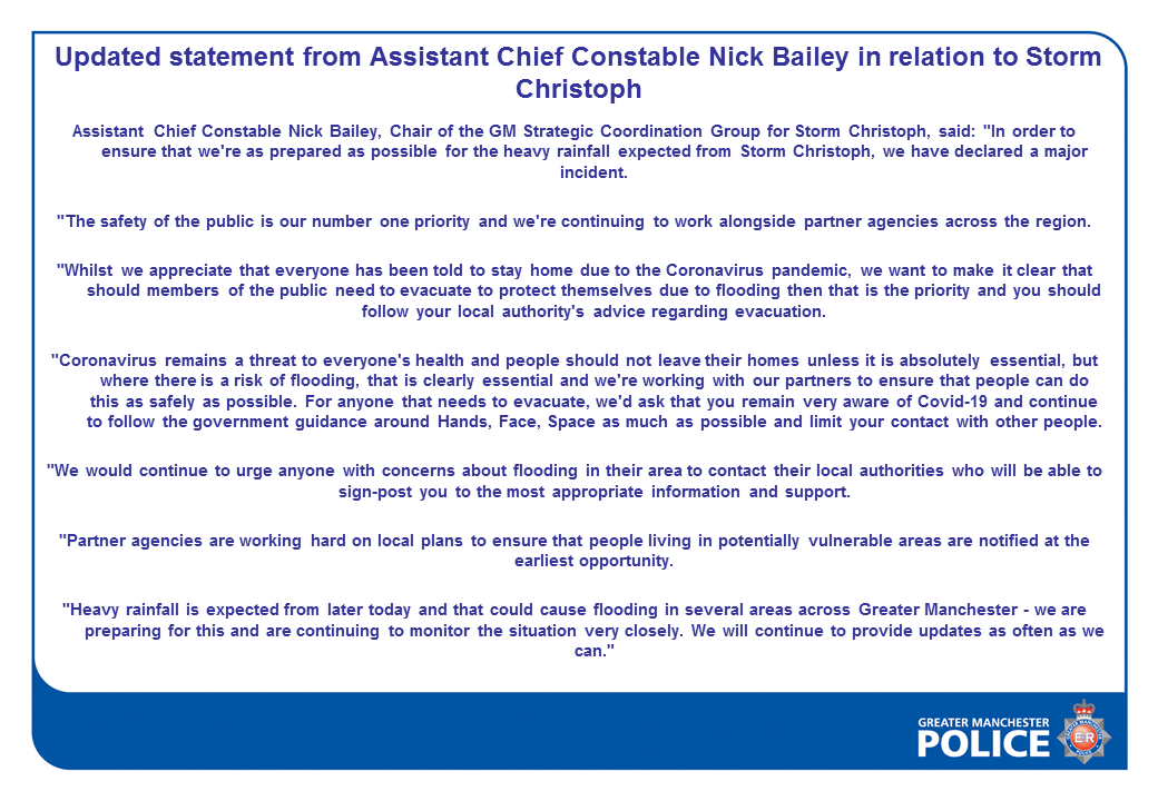 #UPDATE | Updated statement from GMP Assistant Chief Constable Nick Bailey in relation to #StormChristoph
