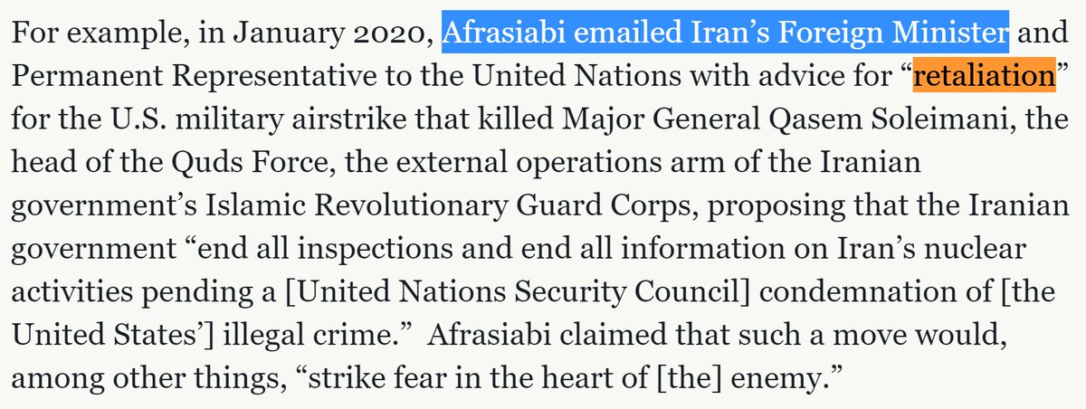 Afrasiabi had direct contact with  #Iran's Foreign Minister  @JZarif, according to the U.S. Justice Department, and proposed "retaliation" following the killing of former IRGC Quds Force chief Qassem Soleimani.And we know of Zarif's very close relationship with Soleimani.