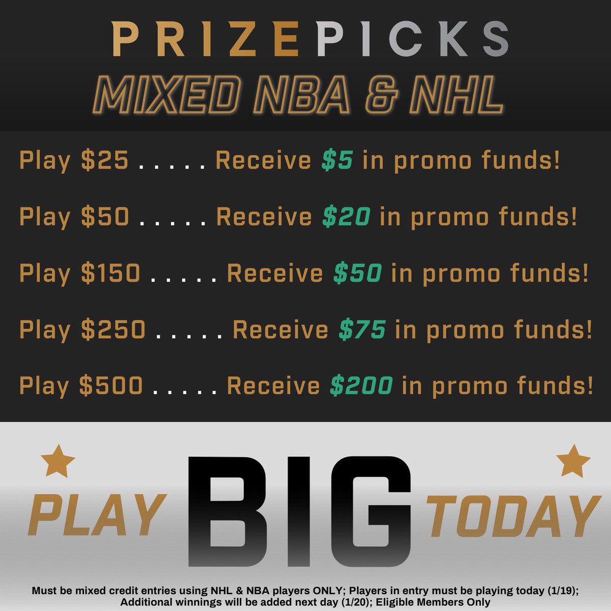 🚨 TUESDAY PLAY BIG PROMO 🚨

Today only, place a (credit) entry including both NBA and NHL players and receive a promo bonus based on how much you play ‼️

You don’t want to miss out on this... 👀#playBIGwinBIG