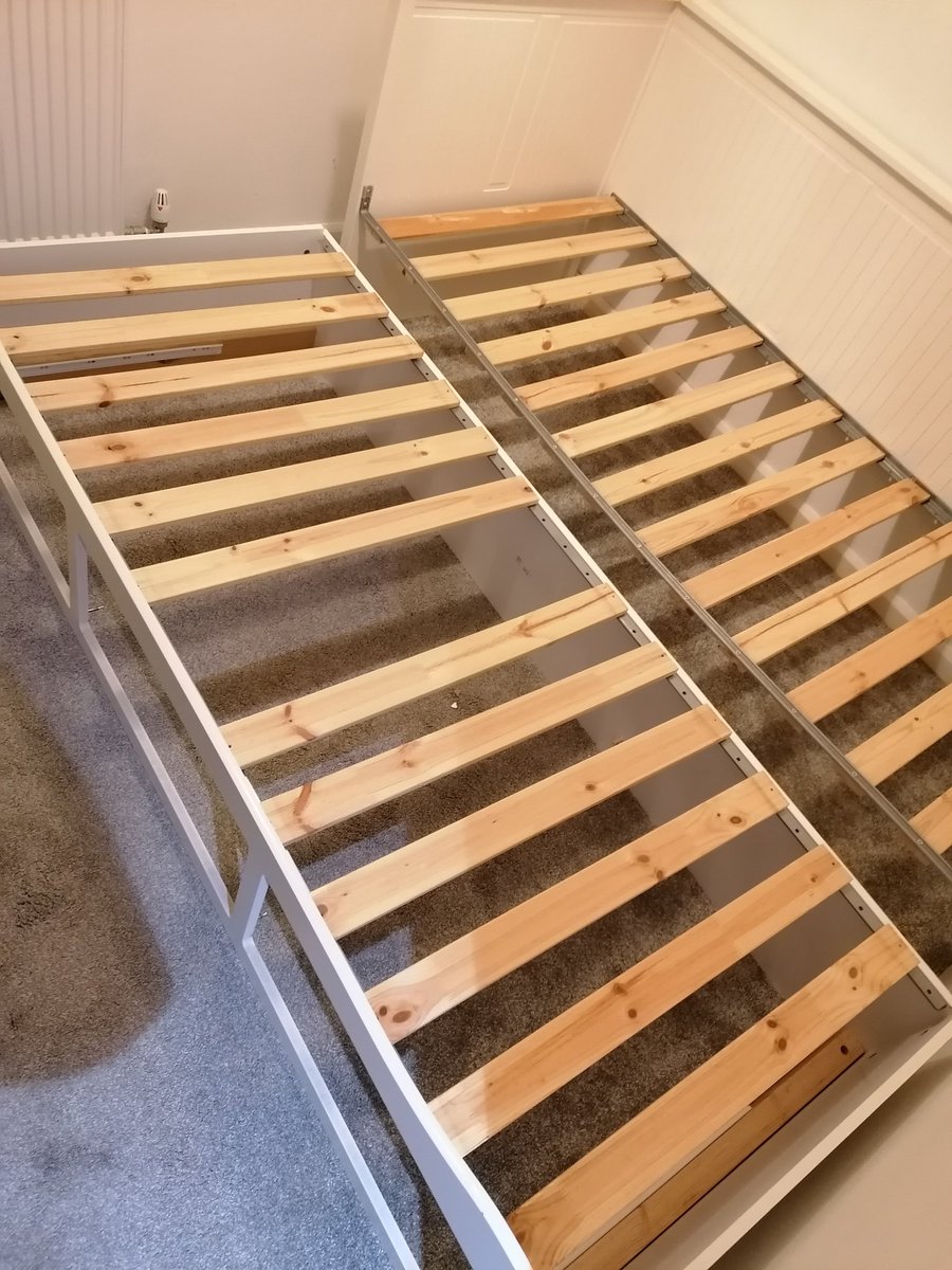 maddyroff's tweet photo. @IKEAUKSupport Built the Hemnes daybed but it was missing a slat, two locking nuts and when moving the pull out part of the bed the main frame broke off from the wheels (see photos). Are you able to provide replacement parts please? https://t.co/kkU27S5Exc