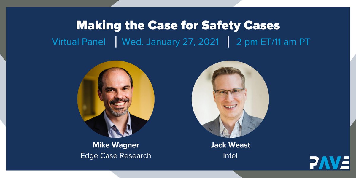 Partners for Automated Vehicle Education (@pavecampaign) on Twitter photo Register now for PAVE's next virtual panel "Making the Case for Safety Cases" - 1/27 at 2pm ET.
Panelist:
<a href="/JackWeastAD/">JackWeastAD</a> – @Intel
Mike Wagner – <a href="/EdgeCaseRes/">Edge Case Research</a>
Sign up now: pavecampaign.org/event/pave-vir… Register now for PAVE's next virtual panel "Making the Case for Safety Cases" - 1/27 at 2pm ET.
Panelist:
<a href="/JackWeastAD/">JackWeastAD</a> – @Intel
Mike Wagner – <a href="/EdgeCaseRes/">Edge Case Research</a>
Sign up now: pavecampaign.org/event/pave-vir…
