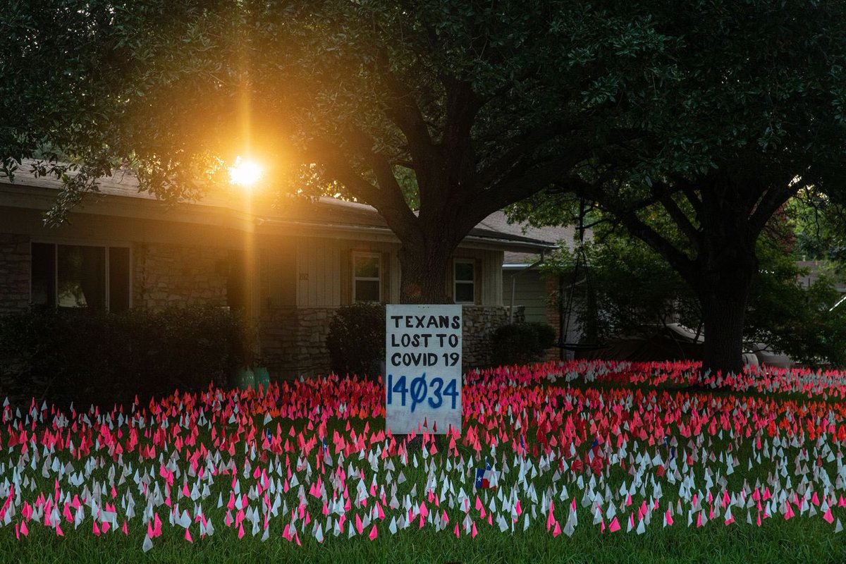 After observing neighbors continuing to socialize and not wear masks, Austin sculptor Shane Reilly began placing flags in his yard representing each life lost to the virus in the state of Texas, as a way for others to visualize the loss of life. : Tamir Kalifa