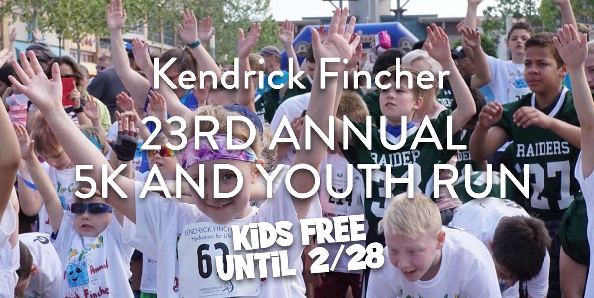 Register now for our 23rd Annual 5K and Youth Run. May 8th at the Pinnacle Hills Promenade. Kids are FREE until 2/28 and adults are discounted. Take advantage today and register! kendrickfincher.org/fincher-5k-and… #hydrate #nwarunning #hydration