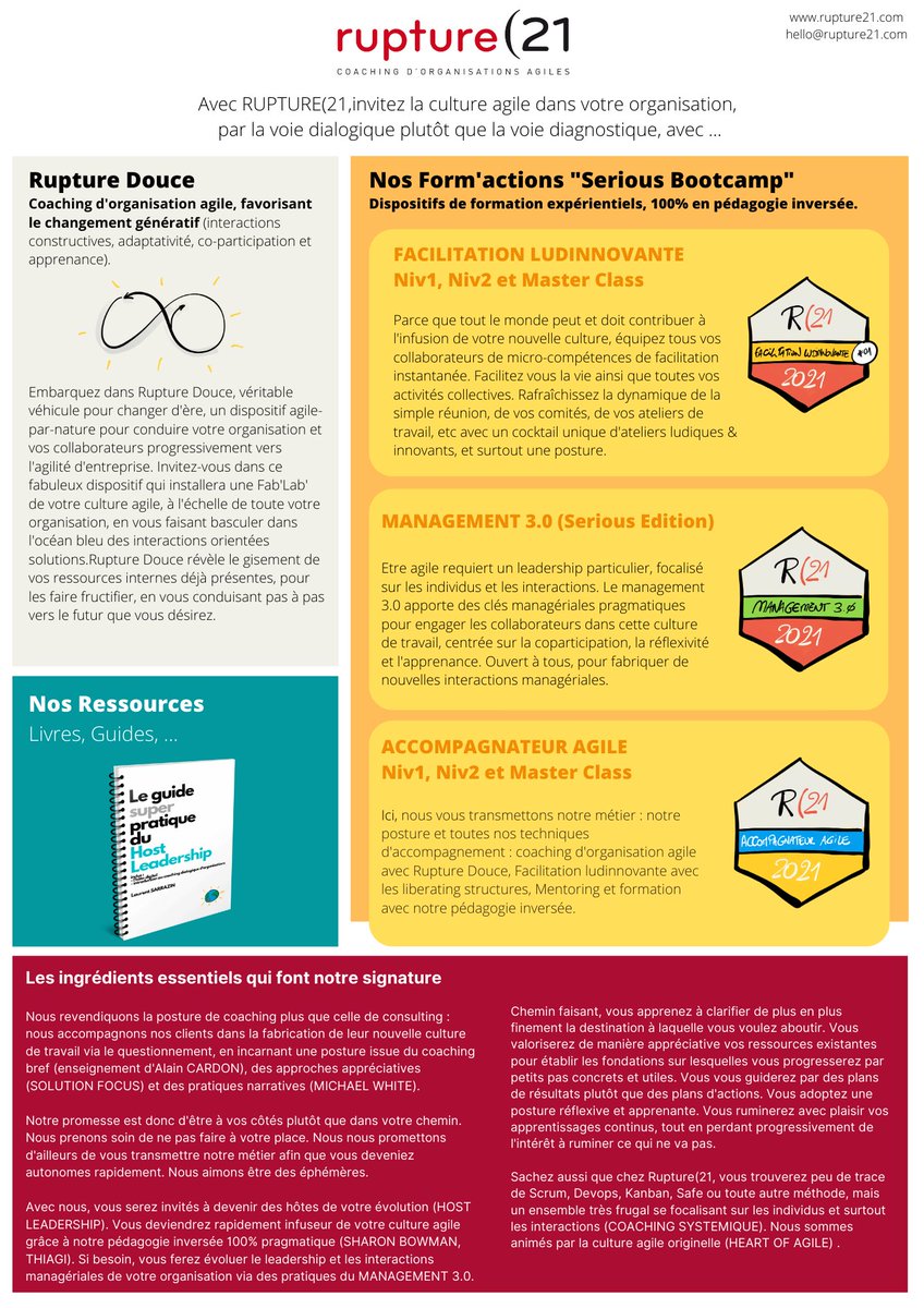 *** PEAU NEUVE POUR 2021*** Offre encore plus frugale, autour de RUPTURE DOUCE pour le coaching d'organisation agile, et 3 SERIOUS BOOTCAMPS pour booster massivement votre nouvelle culture de travail auprès de tous vos collaborateurs. Rendez-vous sur buff.ly/35WYNlT