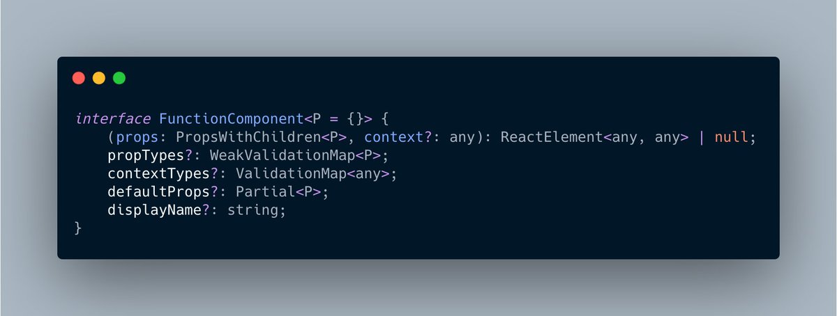 If you're using React function components, you probably want to type-hint your components with React.FC.Under the hood, this will use the FunctionComponent interface from React's typings. https://gist.github.com/chenkie/eb1609956f31adf023044d0703d85ca7